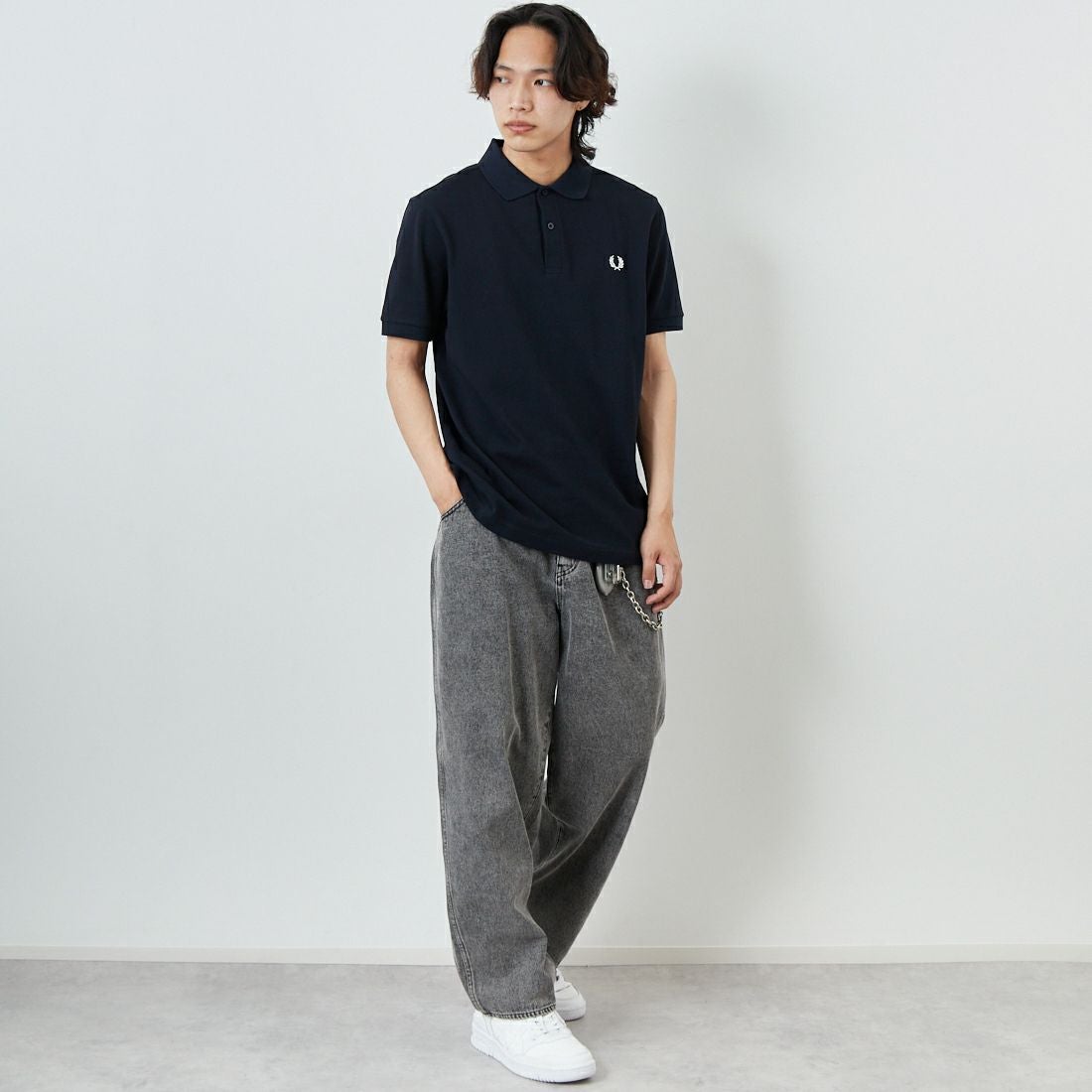FRED PERRY [フレッドペリー] 鹿の子ポロシャツ [M6000] 608 NAVY&&モデル身長：179cm 着用サイズ：L&&