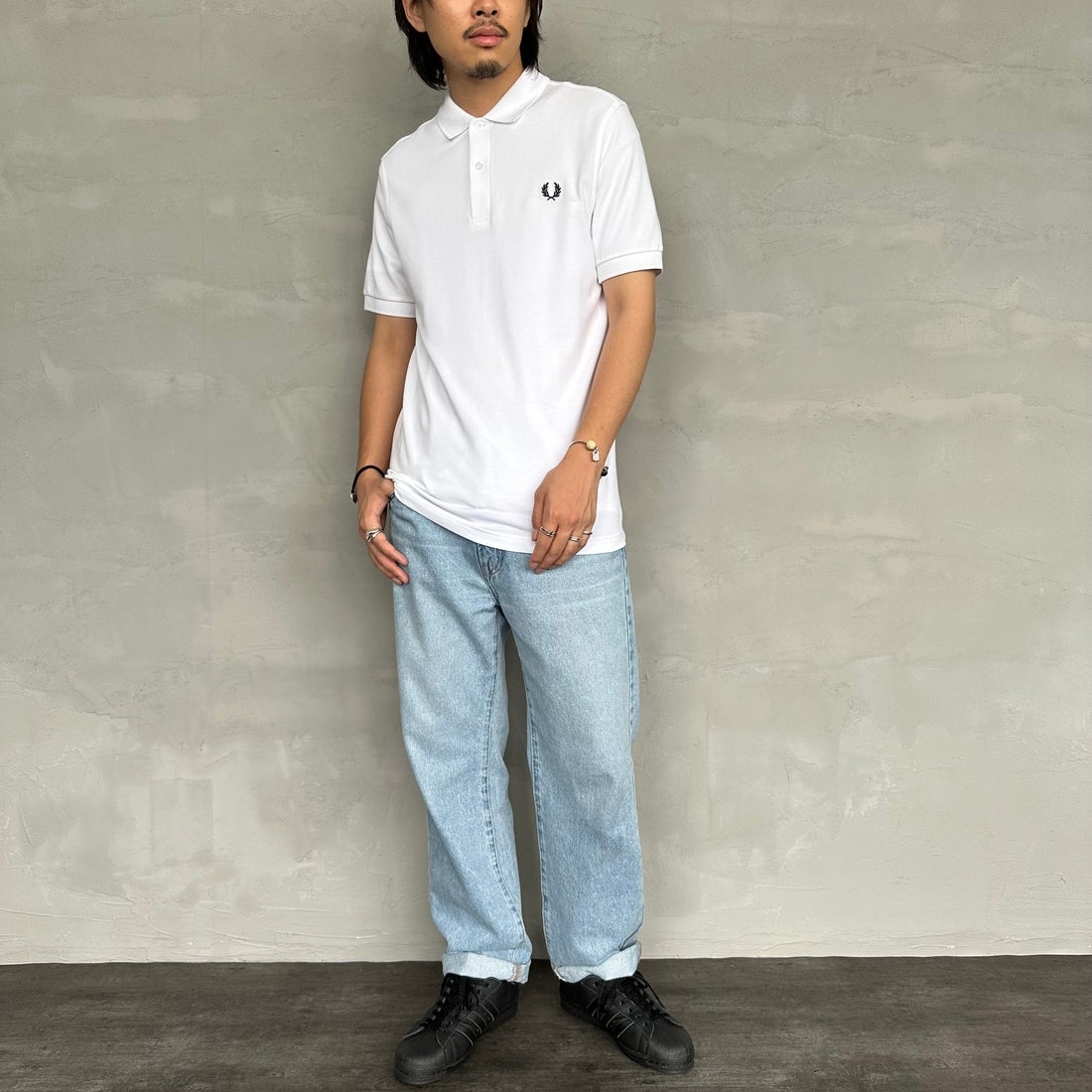 FRED PERRY [フレッドペリー] 鹿の子ポロシャツ [M6000] 100 WHITE &&モデル身長：173cm 着用サイズ：M&&