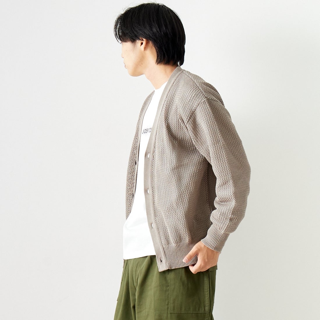 Noir Fabrik [ヌワールファブリック] コンパクトメッシュカーディガン [NF-241-015] GREYGE &&モデル身長：179cm 着用サイズ：L&&