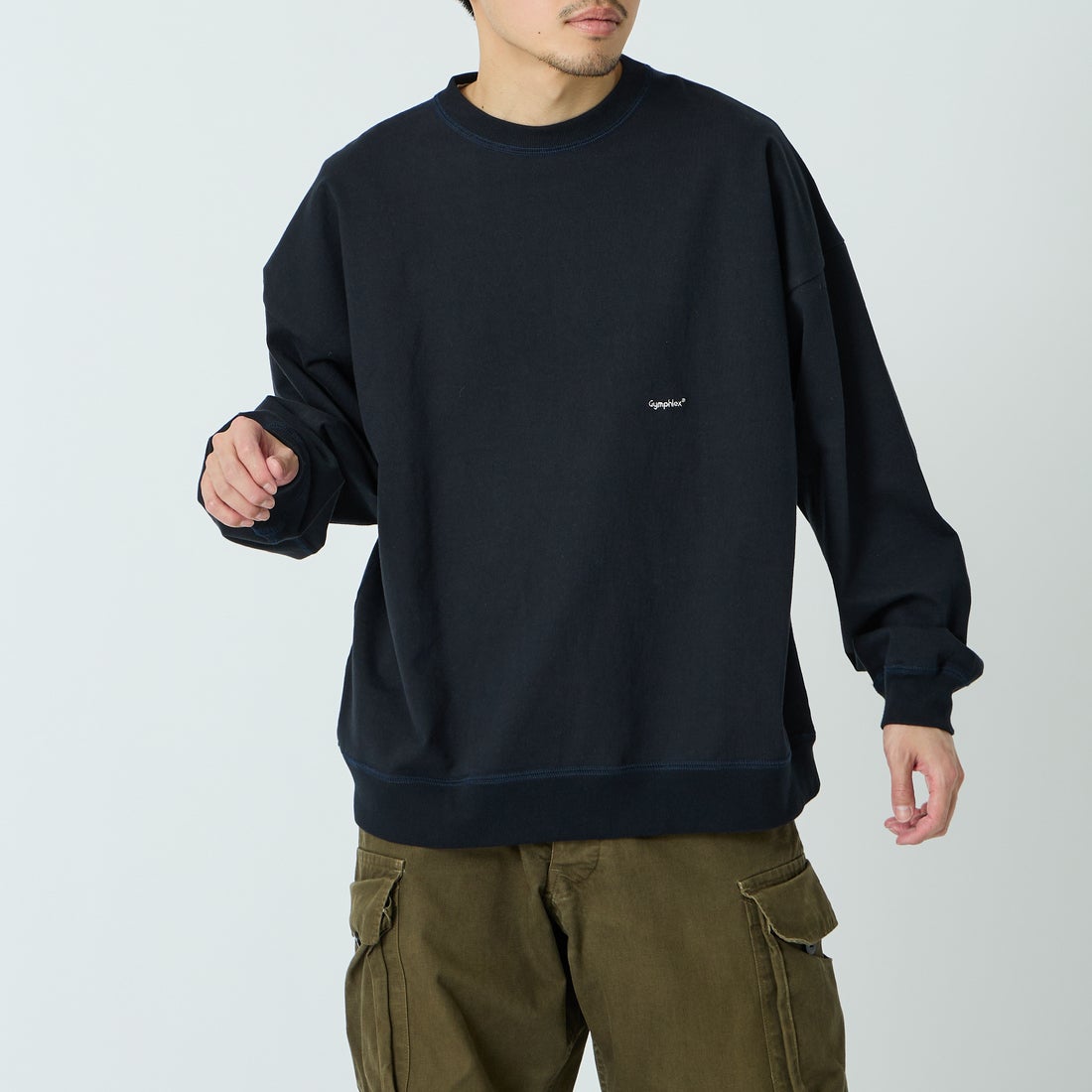 Gymphlex [ジムフレックス] ロゴ刺繍 ロングスリーブTシャツ [GY-C0102HWJ] DK.NAVY &&モデル身長：168cm 着用サイズ：L&&