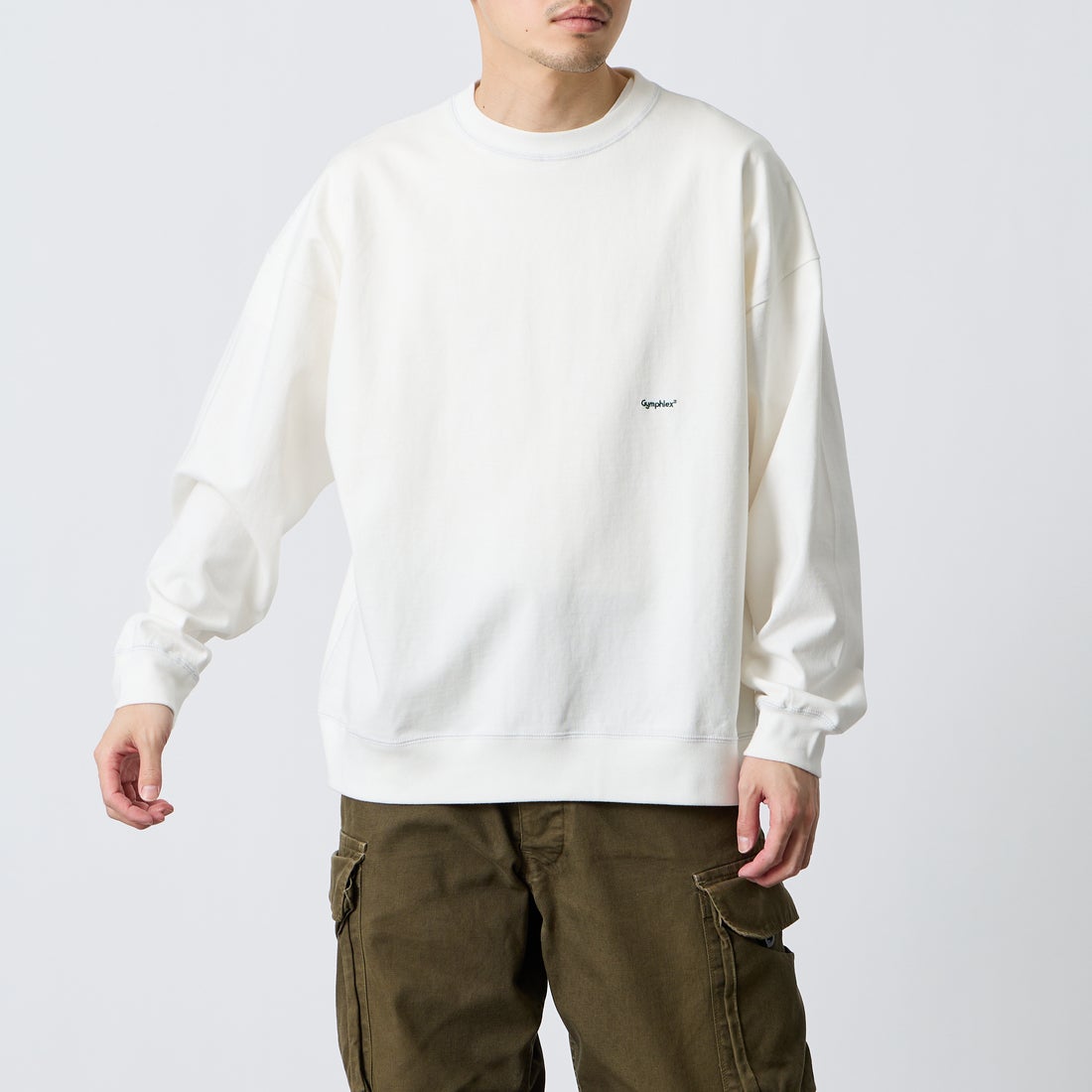 Gymphlex [ジムフレックス] ロゴ刺繍 ロングスリーブTシャツ [GY-C0102HWJ] OFF WHITE &&モデル身長：168cm 着用サイズ：M&&