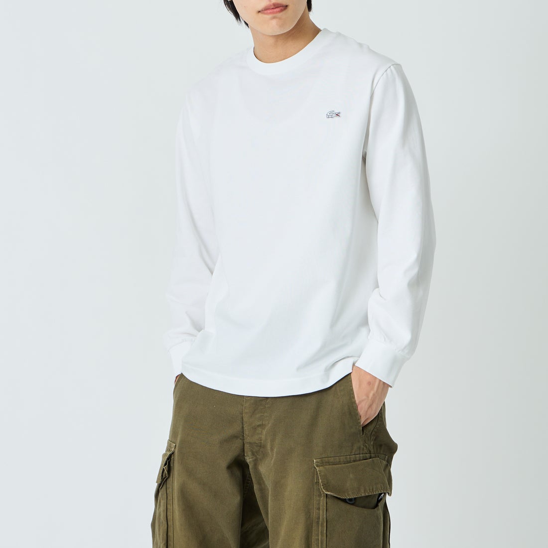 LACOSTE [ラコステ] ベーシックロングスリーブTシャツ [TH5583] 001 WHITE &&モデル身長：179cm 着用サイズ：5&&