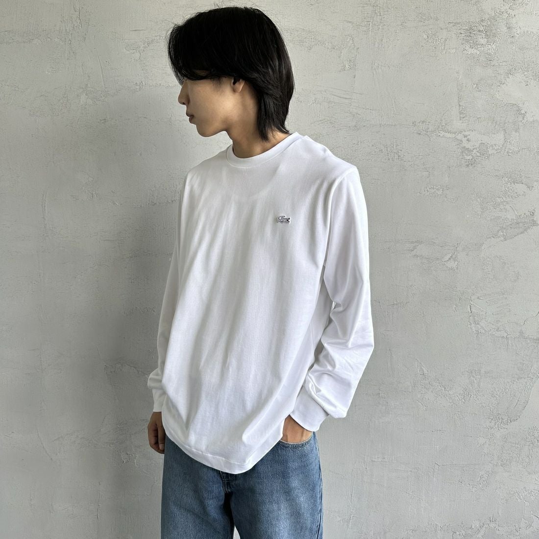 LACOSTE [ラコステ] ベーシックロングスリーブTシャツ [TH5583] 001 WHITE &&モデル身長：179cm 着用サイズ：3&&