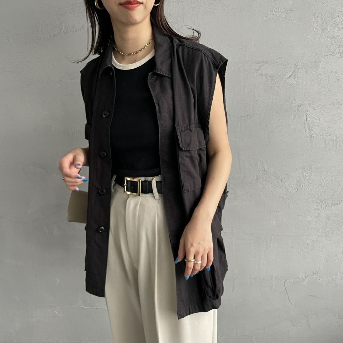ROTHCO [ロスコ] BDUノースリーブシャツジャケット [BDSH-NOSLEEVE] BLACK&&モデル身長：163cm 着用サイズ：L&&