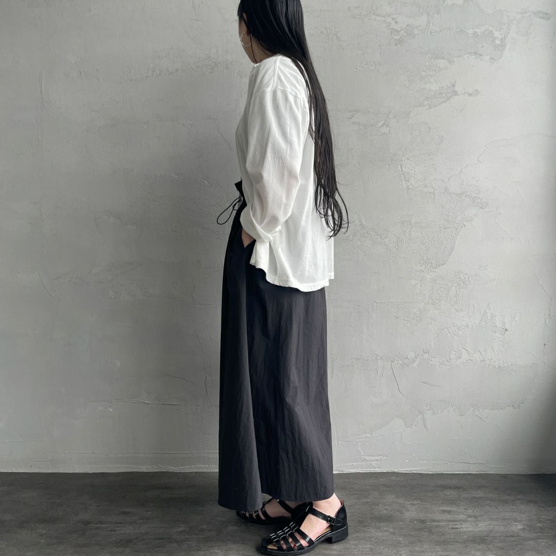 Jeans Factory Clothes [ジーンズファクトリークローズ] ドローコードギャザースカート [21241062] 004 ﾌﾞﾗｯｸ &&モデル身長：156cm 着用サイズ：F&&