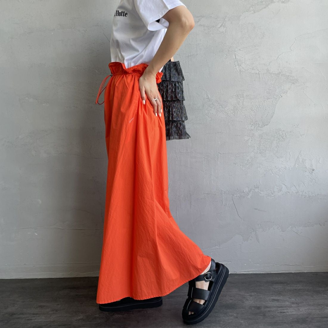 Jeans Factory Clothes [ジーンズファクトリークローズ] ドローコードギャザースカート [21241062] 020 ｵﾚﾝｼﾞ &&モデル身長：156cm 着用サイズ：F&&