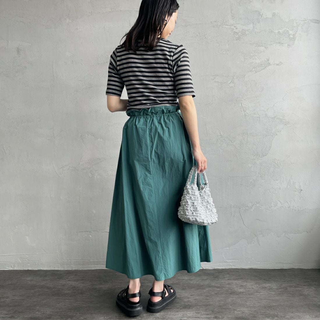 Jeans Factory Clothes [ジーンズファクトリークローズ] ドローコードギャザースカート [21241062] 060 ｸﾞﾘｰﾝ &&モデル身長：163cm 着用サイズ：F&&