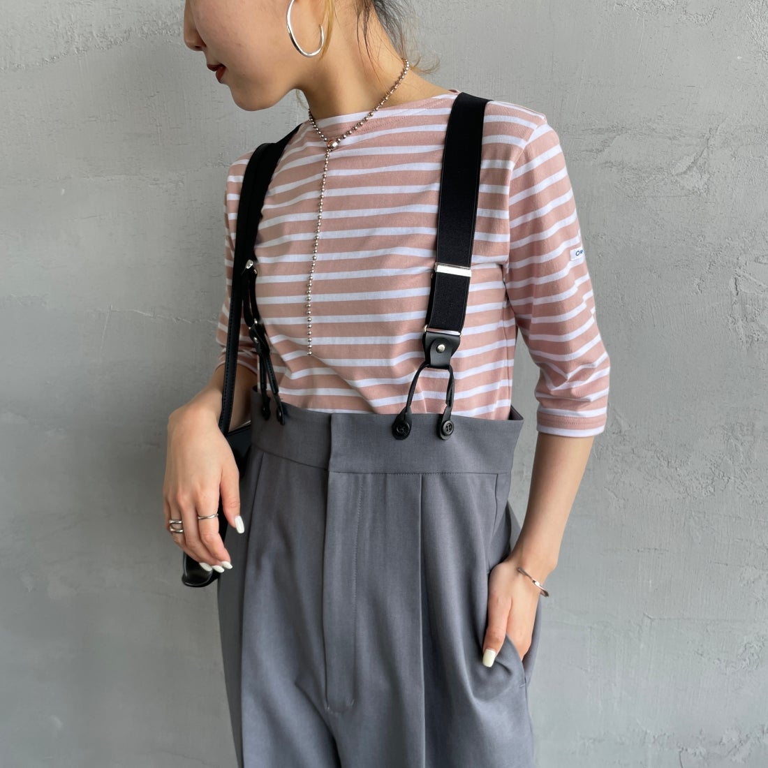 ORCIVAL [オーシバル] ハーフスリーブ ボーダーTシャツ [OR-C0136BFJ] P.PINK/WHT &&モデル身長：156cm 着用サイズ：2&&