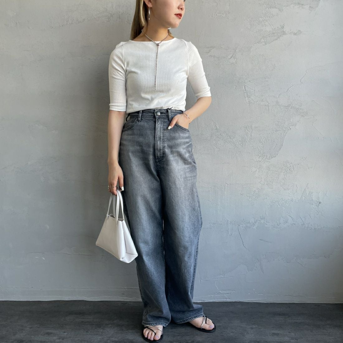 Noir Fabrik [ヌワールファブリック] ボートネックリブカットソー [JFS-C022] O.WHITE &&モデル身長：156cm 着用サイズ：0&&