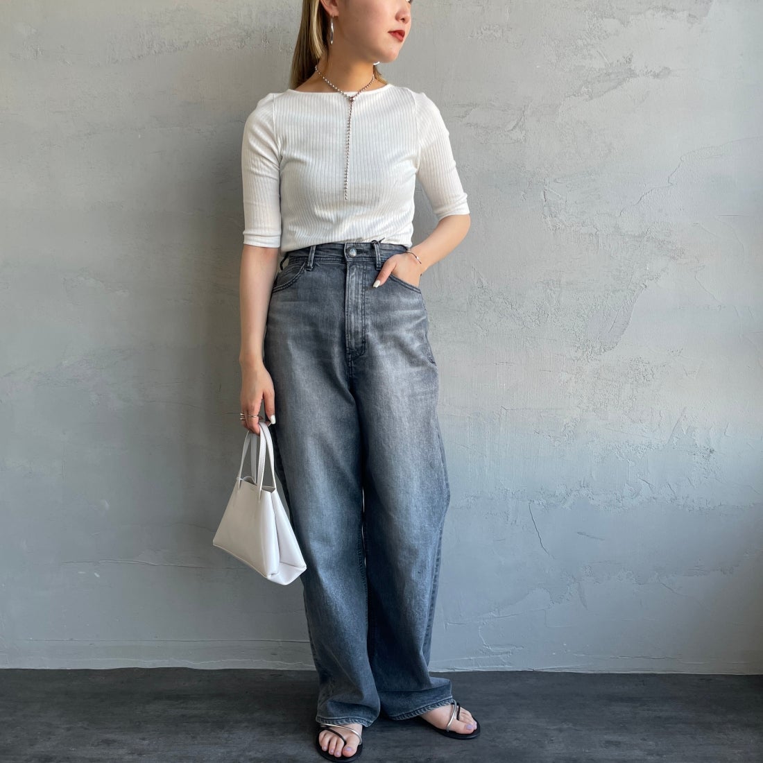 Noir Fabrik [ヌワールファブリック] ボートネックリブカットソー [JFS-C022] O.WHITE &&モデル身長：156cm 着用サイズ：0&&