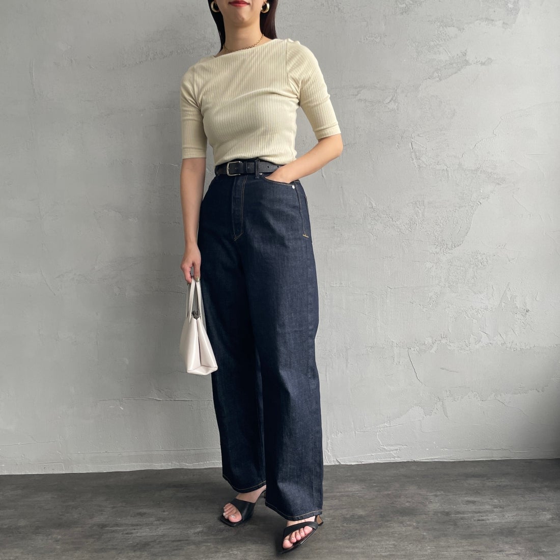 Noir Fabrik [ヌワールファブリック] ボートネックリブカットソー [JFS-C022] BEIGE &&モデル身長：163cm 着用サイズ：0&&