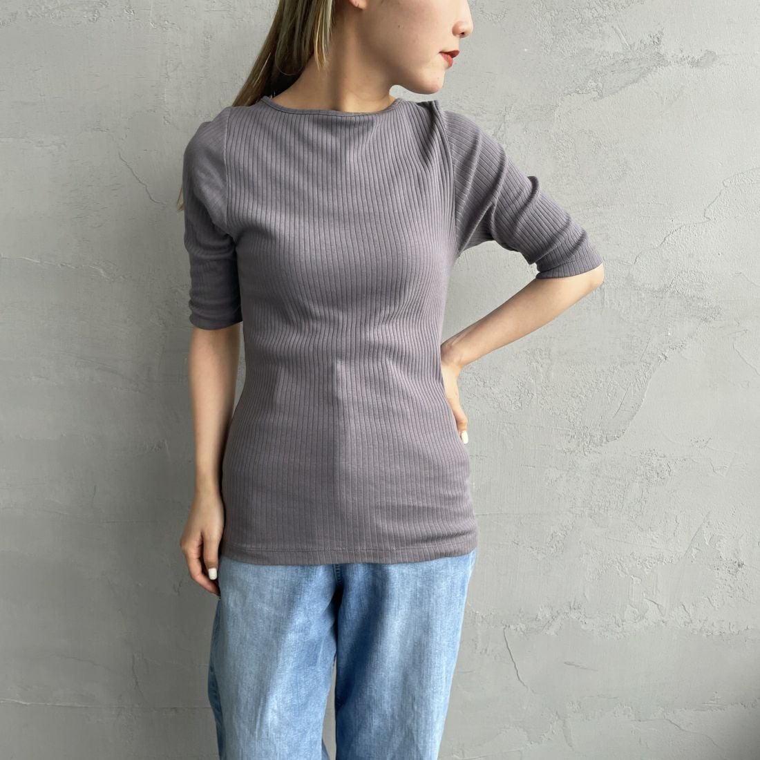 Noir Fabrik [ヌワールファブリック] ボートネックリブカットソー [JFS-C022] CHARCOAL &&モデル身長：156cm 着用サイズ：1&&