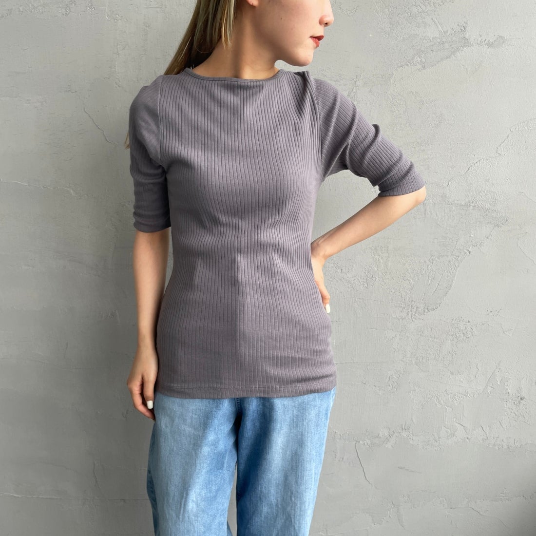 Noir Fabrik [ヌワールファブリック] ボートネックリブカットソー [JFS-C022] CHARCOAL &&モデル身長：156cm 着用サイズ：1&&