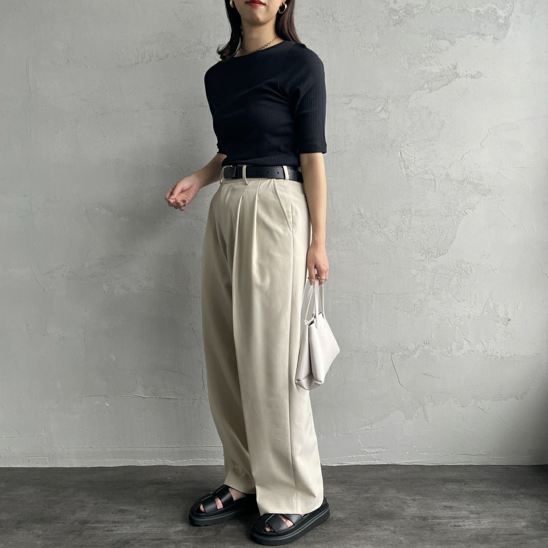 Noir Fabrik [ヌワールファブリック] ボートネックリブカットソー [JFS-C022] BLACK &&モデル身長：163cm 着用サイズ：1&&