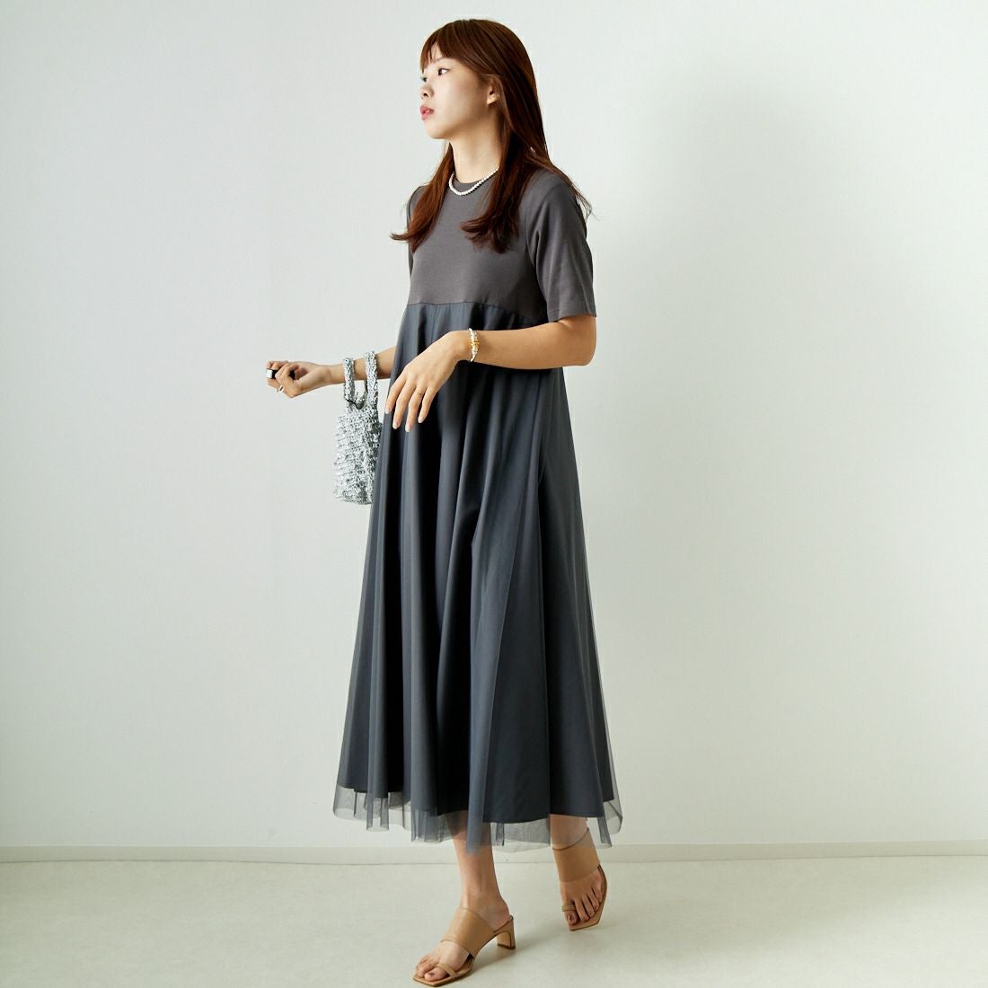 Jeans Factory Clothes [ジーンズファクトリークローズ] チュール切替ワンピース [21241064] 003 ﾁｬｺｰﾙ &&モデル身長：167cm 着用サイズ：F&&