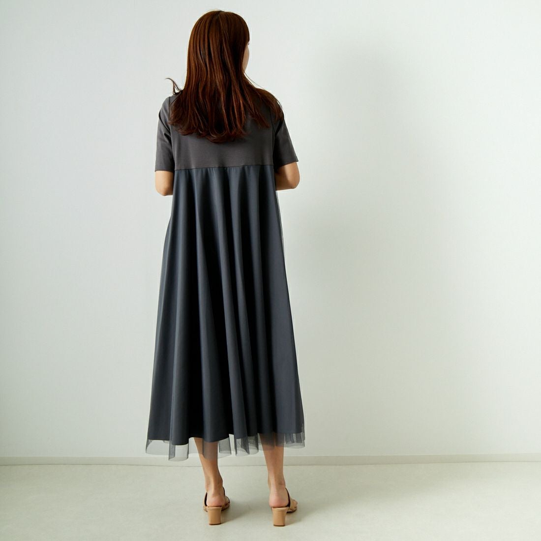 Jeans Factory Clothes [ジーンズファクトリークローズ] チュール切替ワンピース [21241064] 003 ﾁｬｺｰﾙ &&モデル身長：167cm 着用サイズ：F&&