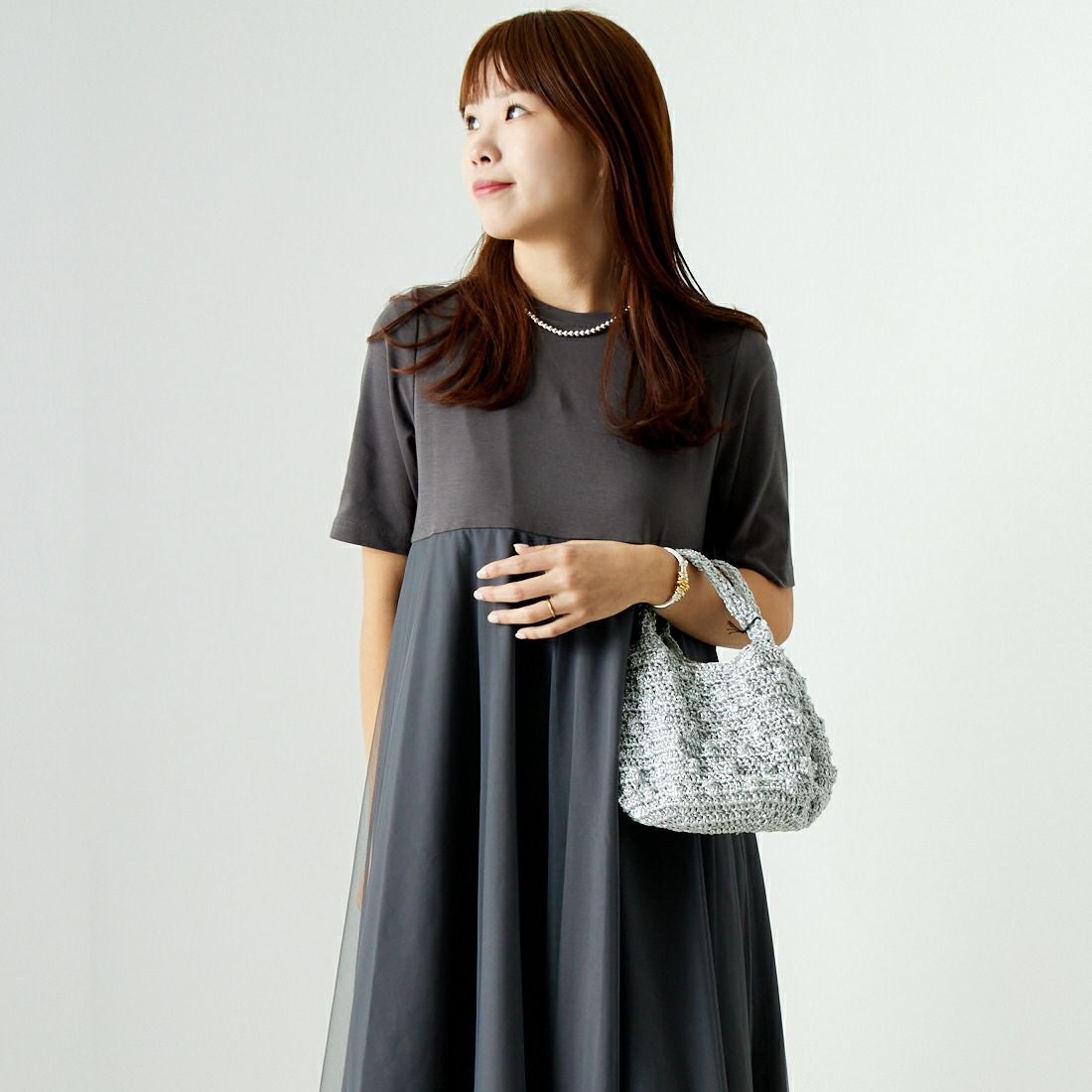 Jeans Factory Clothes [ジーンズファクトリークローズ] チュール切替ワンピース [21241064] 003 ﾁｬｺｰﾙ &&モデル身長：167cm 着用サイズ：F&&