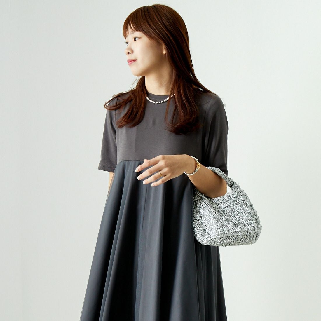 Jeans Factory Clothes [ジーンズファクトリークローズ] チュール切替ワンピース [21241064] 003 ﾁｬｺｰﾙ &&モデル身長：167cm 着用サイズ：F&&