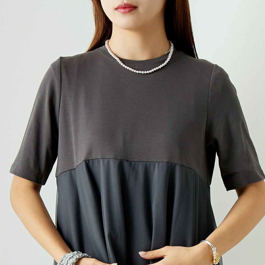 Jeans Factory Clothes [ジーンズファクトリークローズ] チュール切替ワンピース [21241064] 003 ﾁｬｺｰﾙ