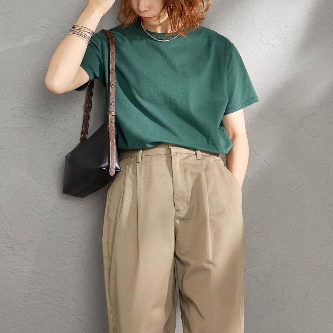THE SHINZONE [ザ シンゾーン] コットンパックTシャツ [20SMSCU66] 76 MOSS GR &&モデル身長：158cm 着用サイズ：F0&&