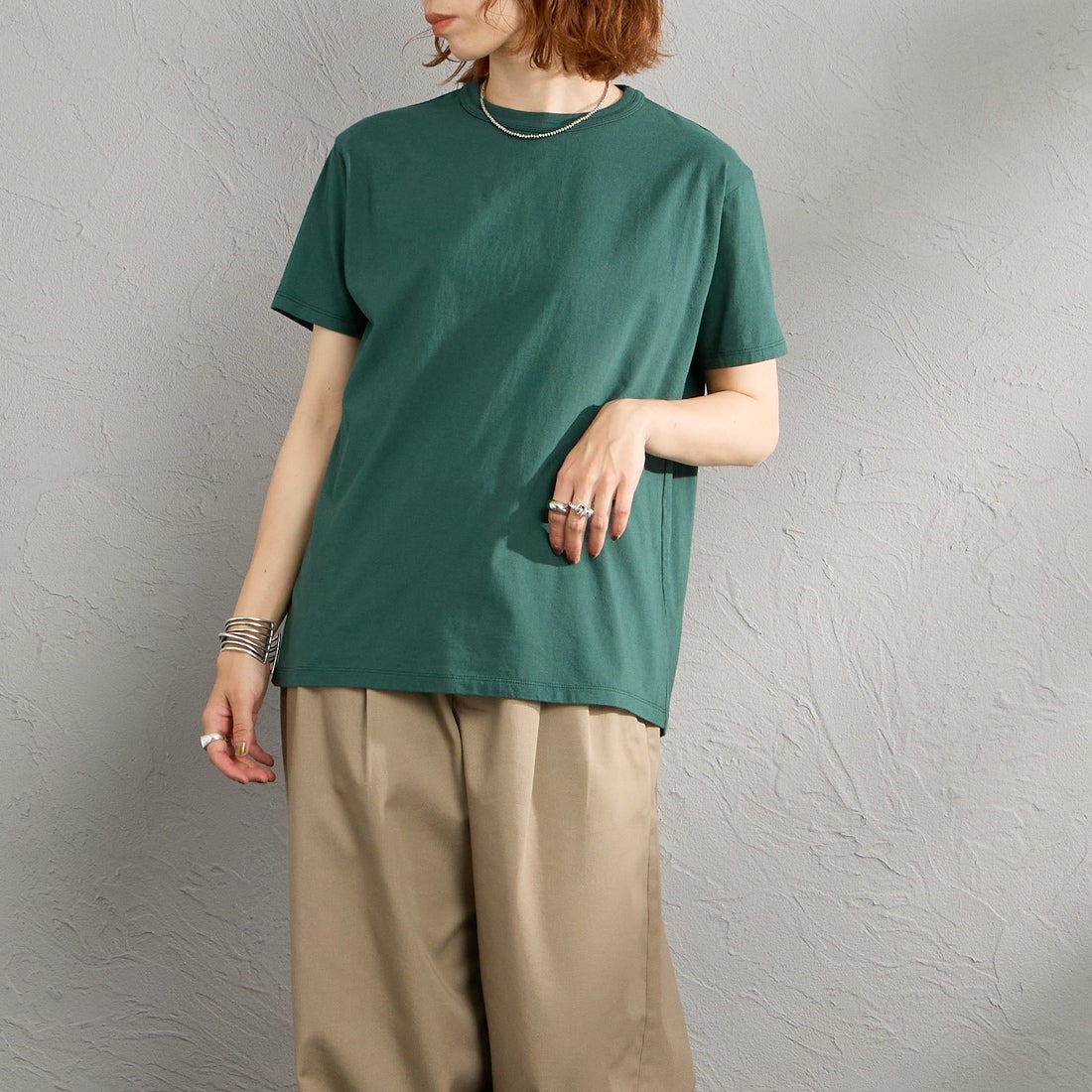 THE SHINZONE [ザ シンゾーン] コットンパックTシャツ [20SMSCU66] 76 MOSS GR &&モデル身長：158cm 着用サイズ：F0&&