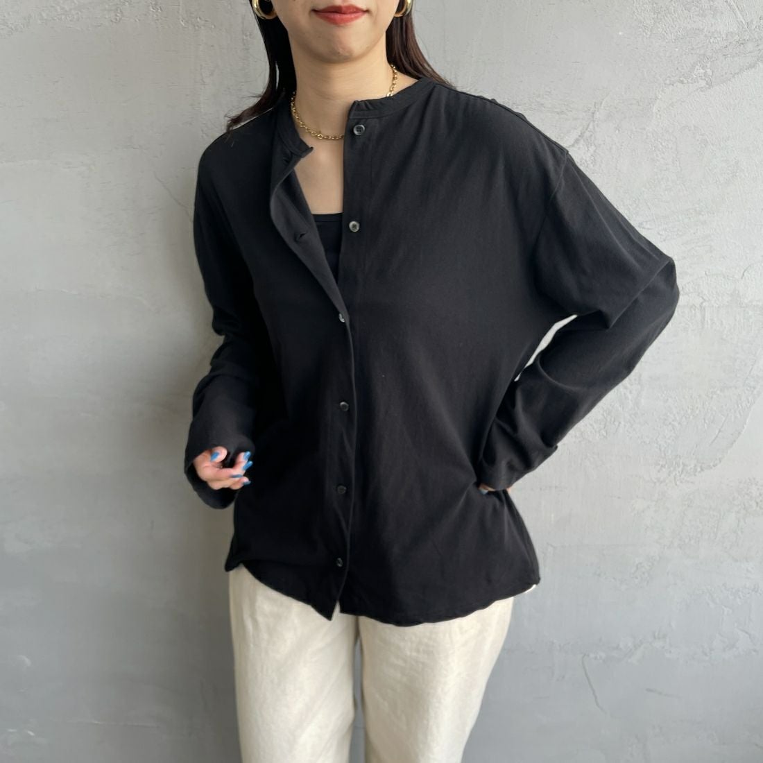 THE SHINZONE [ザ シンゾーン] ハイツイストコットンカーディガン [20SMSCU53] 07 BLACK &&モデル身長：163cm 着用サイズ：F0&&