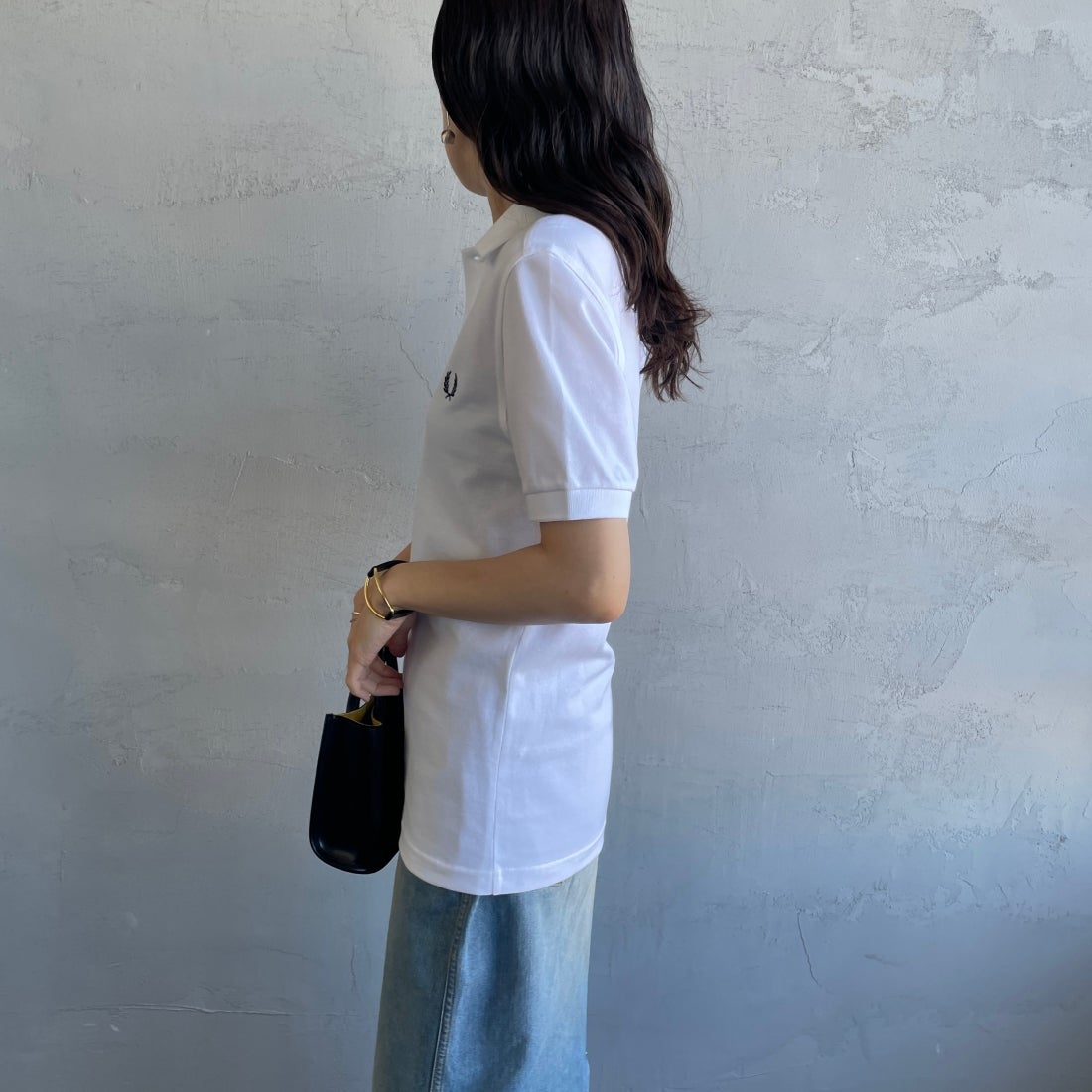FRED PERRY [フレッドペリー] 鹿の子ポロシャツ [M6000] 100 WHITE &&モデル身長：160cm 着用サイズ：S&&