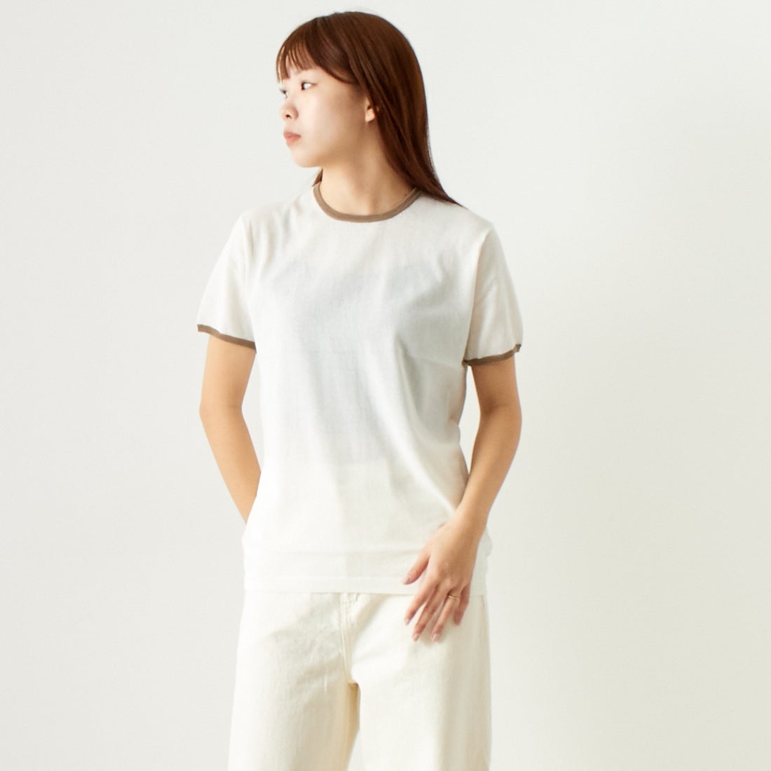 Jeans Factory Clothes [ジーンズファクトリークローズ] シアー配色半袖ニット [11242830] ｵﾌ &&モデル身長：167cm 着用サイズ：F&&