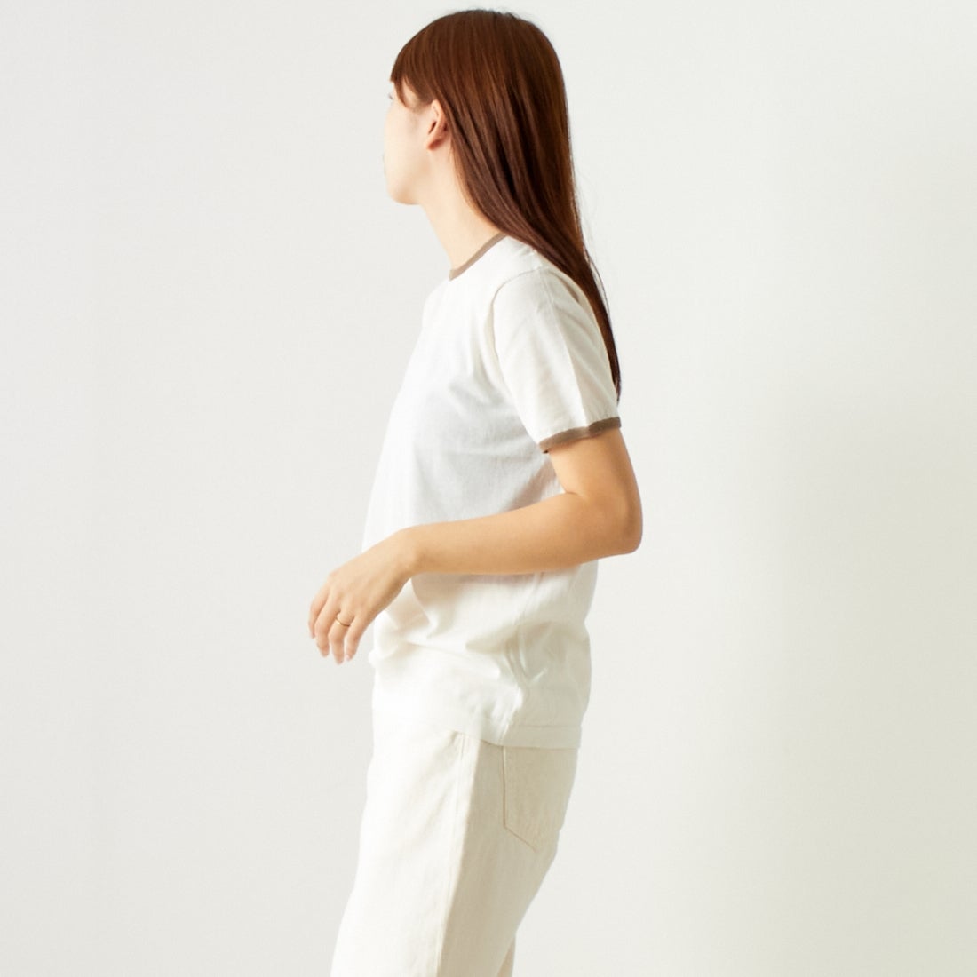 Jeans Factory Clothes [ジーンズファクトリークローズ] シアー配色半袖ニット [11242830] ｵﾌ &&モデル身長：167cm 着用サイズ：F&&