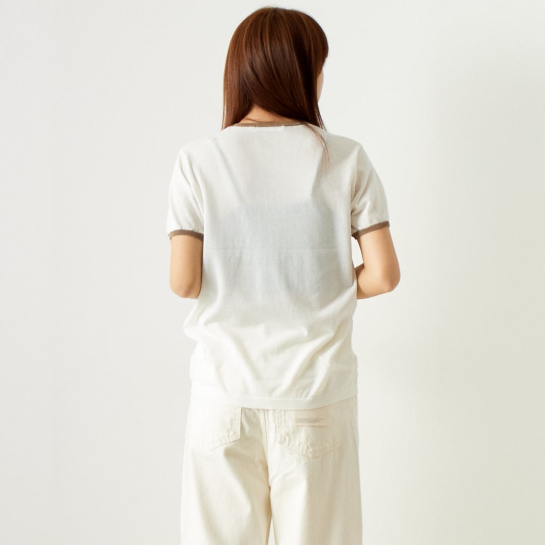 Jeans Factory Clothes [ジーンズファクトリークローズ] シアー配色半袖ニット [11242830] ｵﾌ &&モデル身長：167cm 着用サイズ：F&&