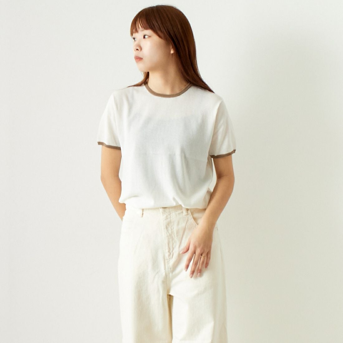 Jeans Factory Clothes [ジーンズファクトリークローズ] シアー配色半袖ニット [11242830] ｵﾌ &&モデル身長：167cm 着用サイズ：F&&