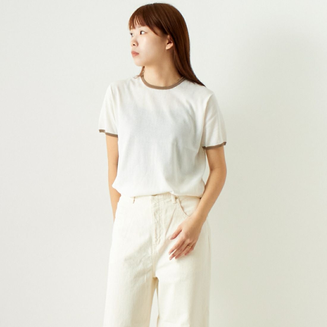 Jeans Factory Clothes [ジーンズファクトリークローズ] シアー配色半袖ニット [11242830] ｵﾌ &&モデル身長：167cm 着用サイズ：F&&