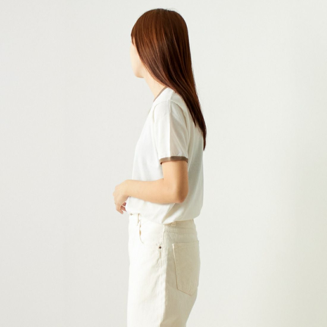 Jeans Factory Clothes [ジーンズファクトリークローズ] シアー配色半袖ニット [11242830] ｵﾌ &&モデル身長：167cm 着用サイズ：F&&