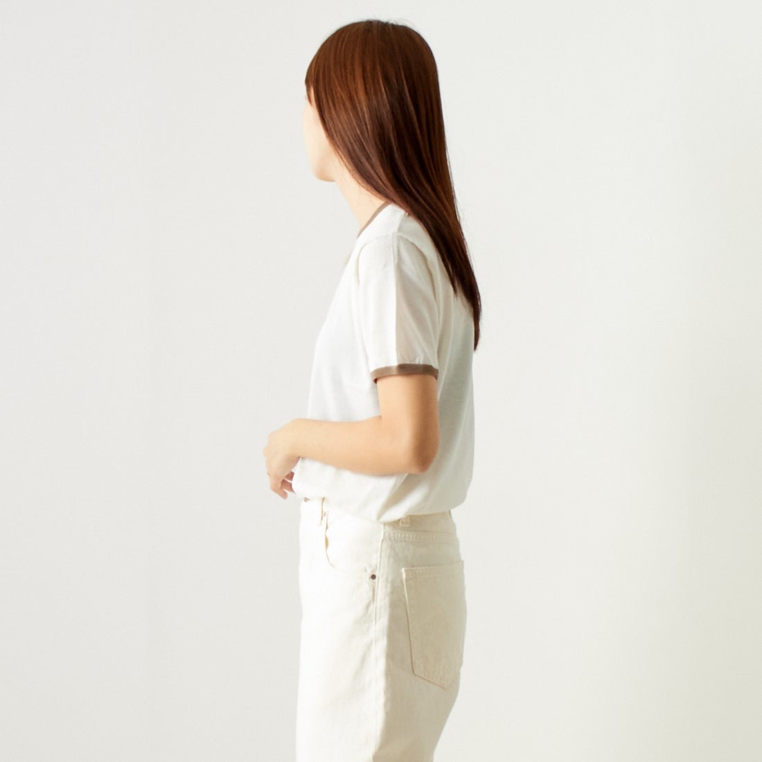 Jeans Factory Clothes [ジーンズファクトリークローズ] シアー配色半袖ニット [11242830] ｵﾌ &&モデル身長：167cm 着用サイズ：F&&