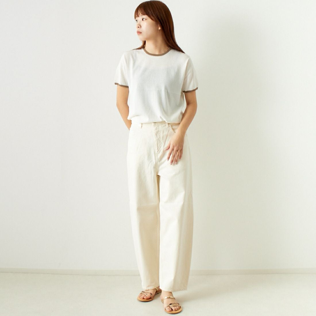 Jeans Factory Clothes [ジーンズファクトリークローズ] シアー配色半袖ニット [11242830] ｵﾌ &&モデル身長：167cm 着用サイズ：F&&