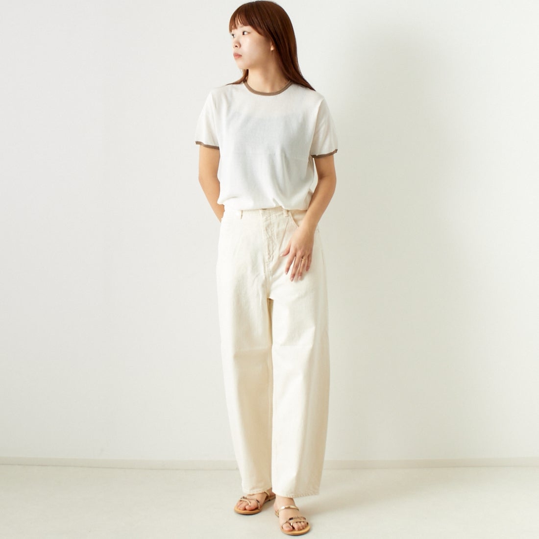 Jeans Factory Clothes [ジーンズファクトリークローズ] シアー配色半袖ニット [11242830] ｵﾌ &&モデル身長：167cm 着用サイズ：F&&