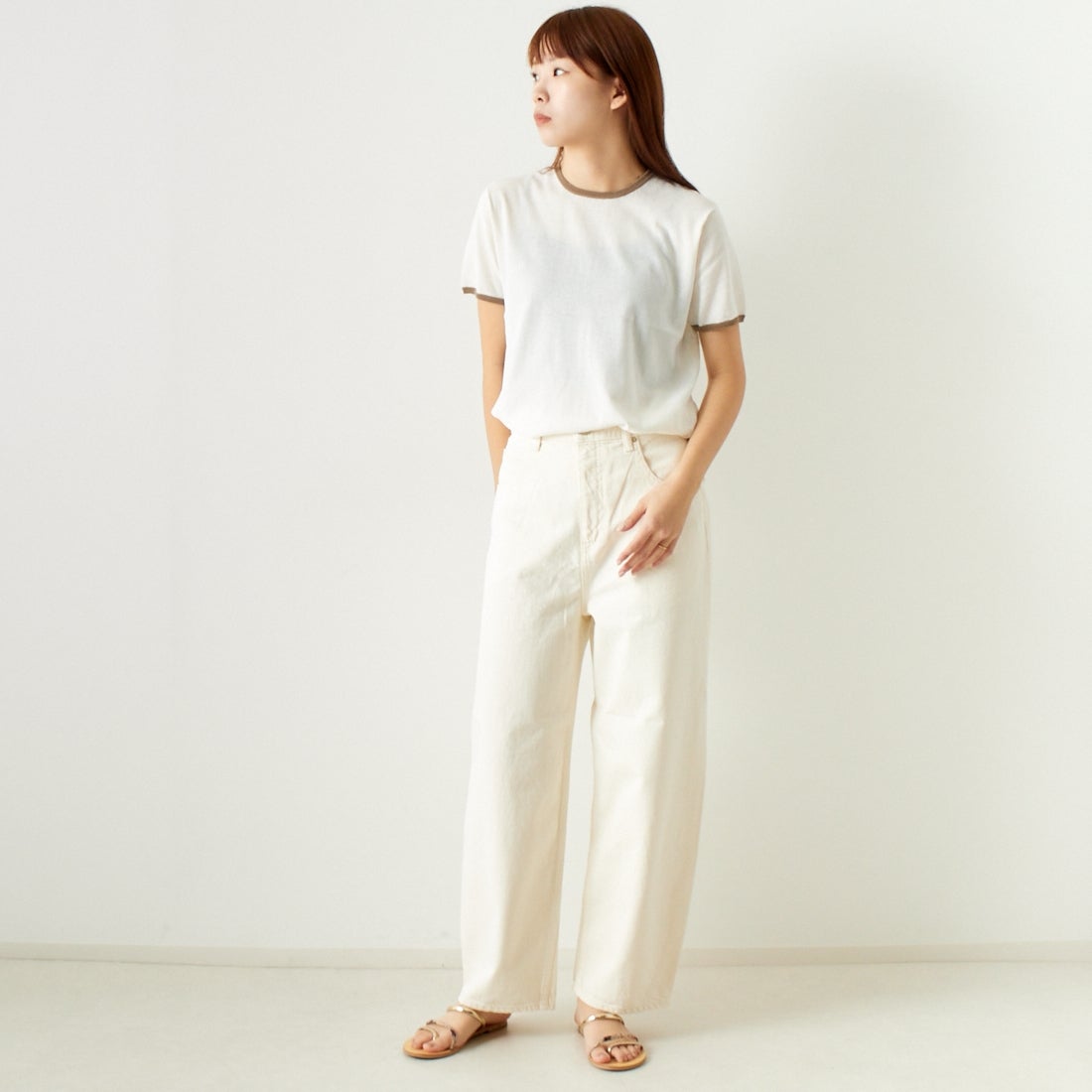 Jeans Factory Clothes [ジーンズファクトリークローズ] シアー配色半袖ニット [11242830] ｵﾌ &&モデル身長：167cm 着用サイズ：F&&