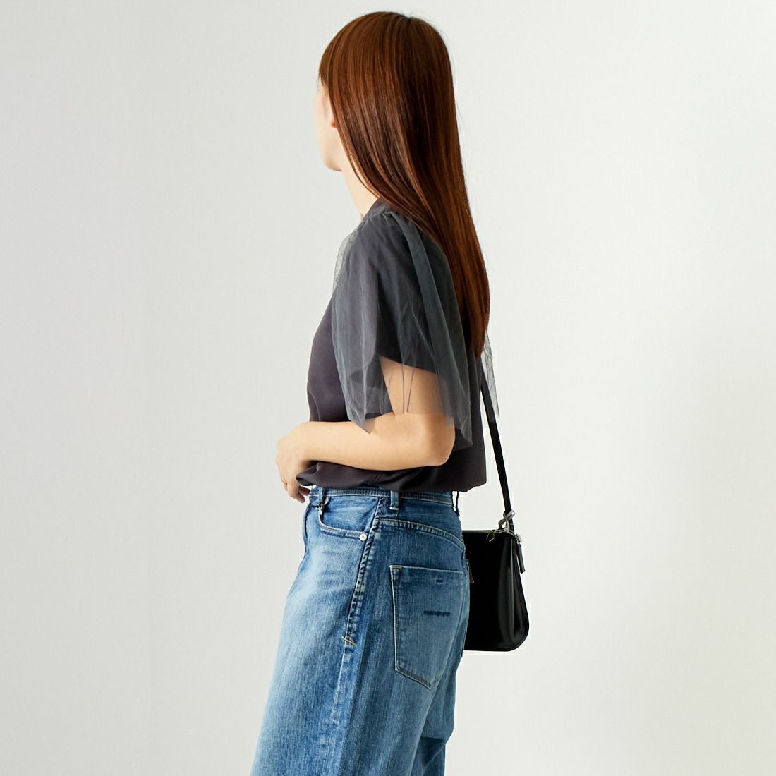 Jf Ready Made [ジェイエフレディメイド] チュールスリーブデザインTシャツ [7124327] ﾁｬｺｰﾙ &&モデル身長：167cm 着用サイズ：F&&