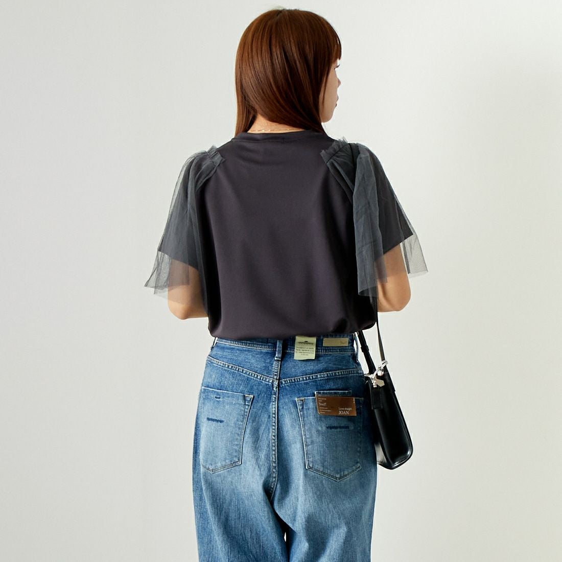 Jf Ready Made [ジェイエフレディメイド] チュールスリーブデザインTシャツ [7124327] ﾁｬｺｰﾙ &&モデル身長：167cm 着用サイズ：F&&