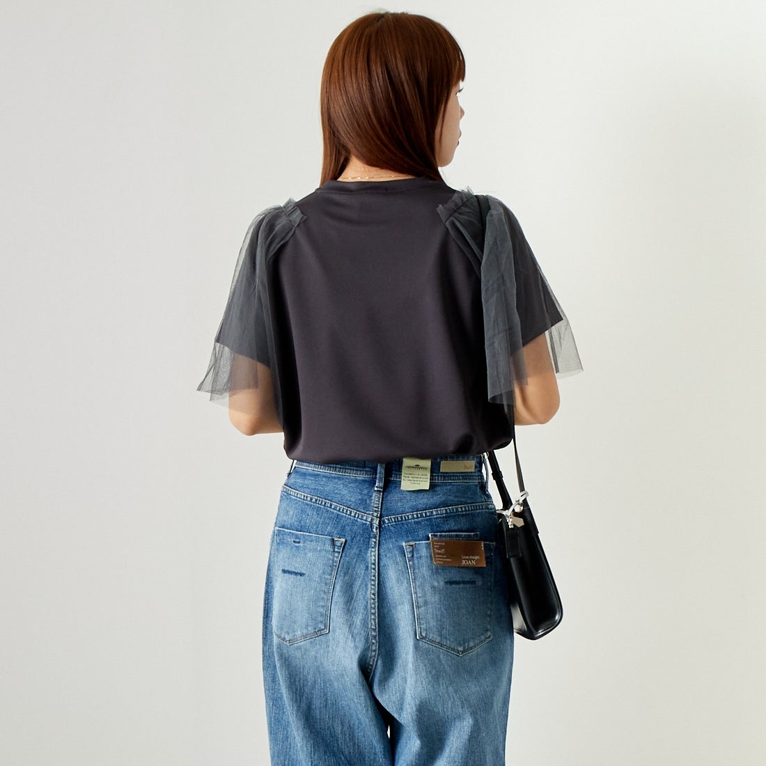 Jf Ready Made [ジェイエフレディメイド] チュールスリーブデザインTシャツ [7124327] ﾁｬｺｰﾙ &&モデル身長：167cm 着用サイズ：F&&