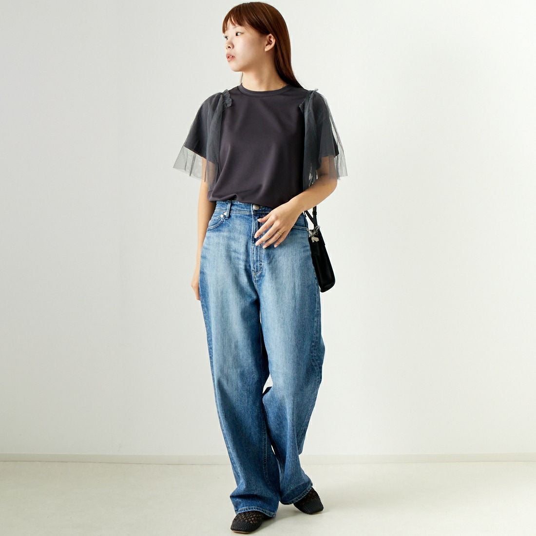 Jf Ready Made [ジェイエフレディメイド] チュールスリーブデザインTシャツ [7124327] ﾁｬｺｰﾙ &&モデル身長：167cm 着用サイズ：F&&