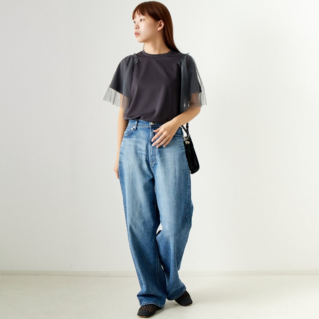 Jf Ready Made [ジェイエフレディメイド] チュールスリーブデザインTシャツ [7124327] ﾁｬｺｰﾙ &&モデル身長：167cm 着用サイズ：F&&
