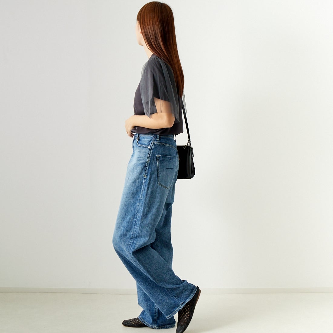 Jf Ready Made [ジェイエフレディメイド] チュールスリーブデザインTシャツ [7124327] ﾁｬｺｰﾙ &&モデル身長：167cm 着用サイズ：F&&