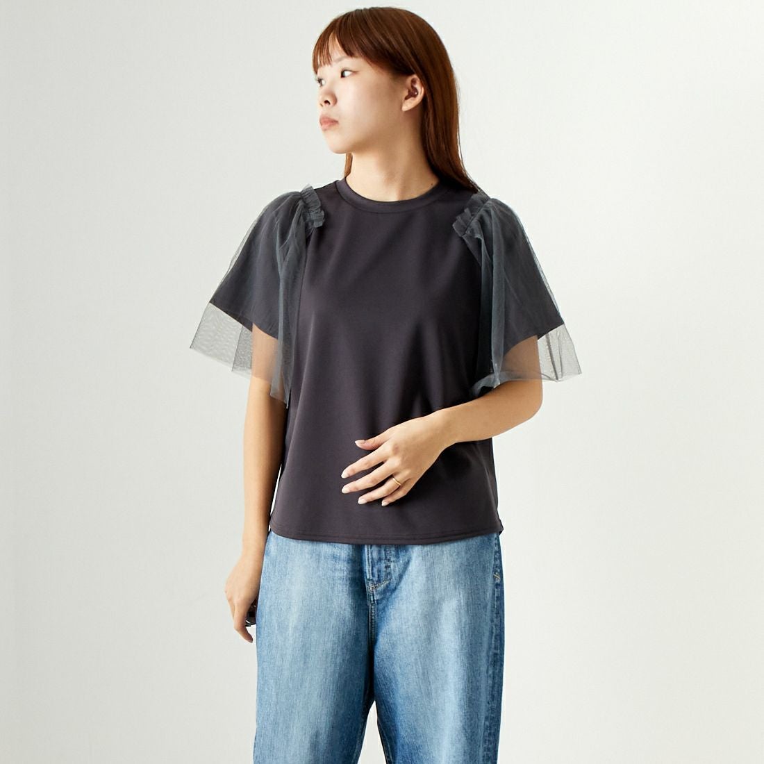 Jf Ready Made [ジェイエフレディメイド] チュールスリーブデザインTシャツ [7124327] ﾁｬｺｰﾙ &&モデル身長：167cm 着用サイズ：F&&