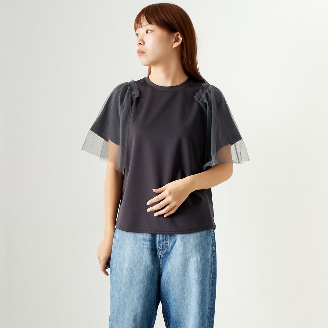 Jf Ready Made [ジェイエフレディメイド] チュールスリーブデザインTシャツ [7124327] ﾁｬｺｰﾙ &&モデル身長：167cm 着用サイズ：F&&