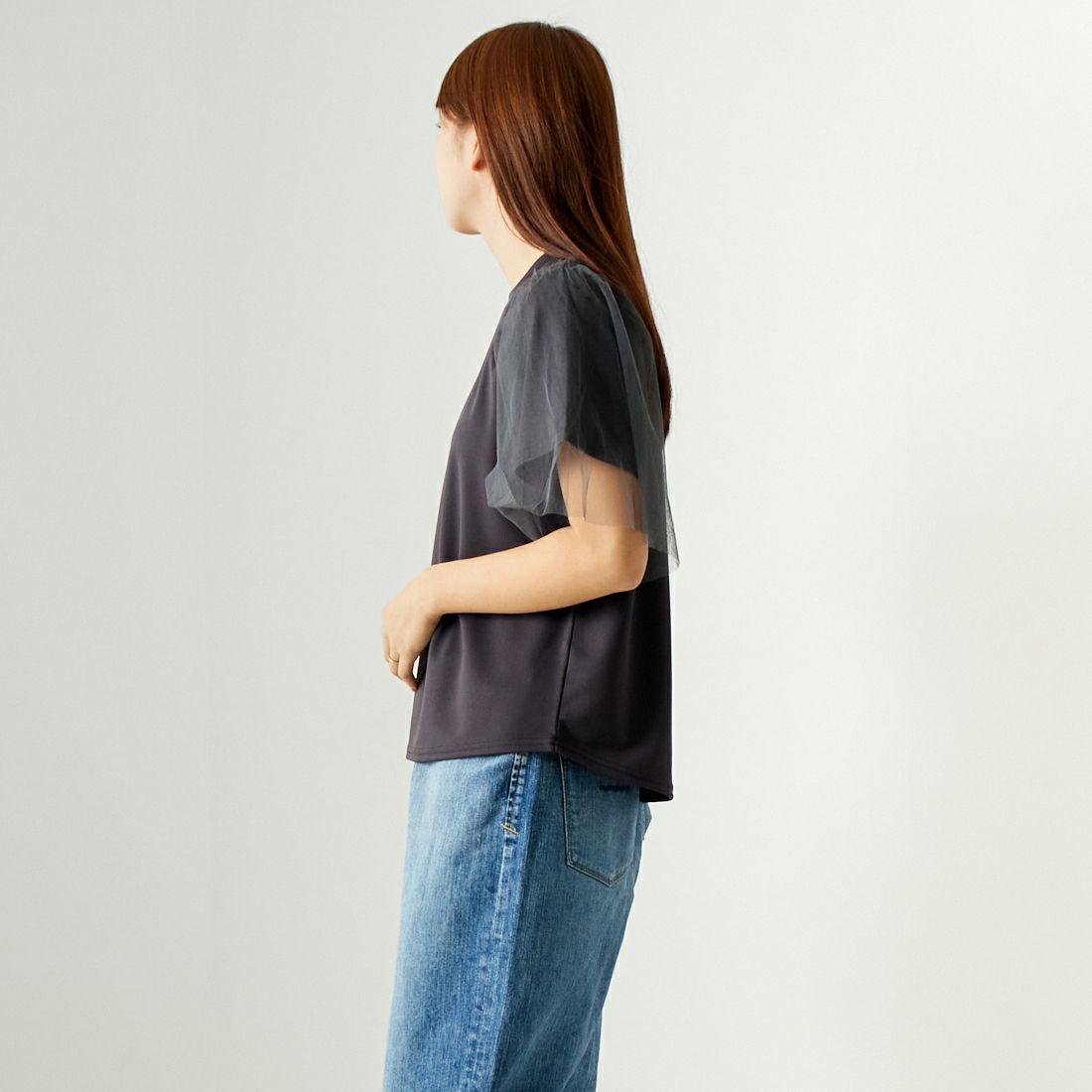 Jf Ready Made [ジェイエフレディメイド] チュールスリーブデザインTシャツ [7124327] ﾁｬｺｰﾙ &&モデル身長：167cm 着用サイズ：F&&