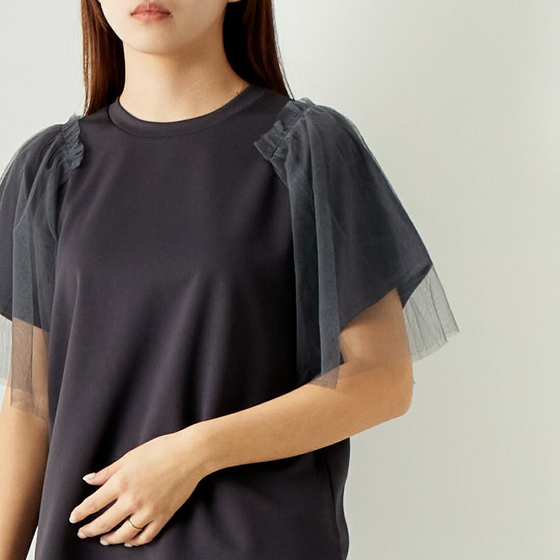 Jf Ready Made [ジェイエフレディメイド] チュールスリーブデザインTシャツ [7124327] ﾁｬｺｰﾙ