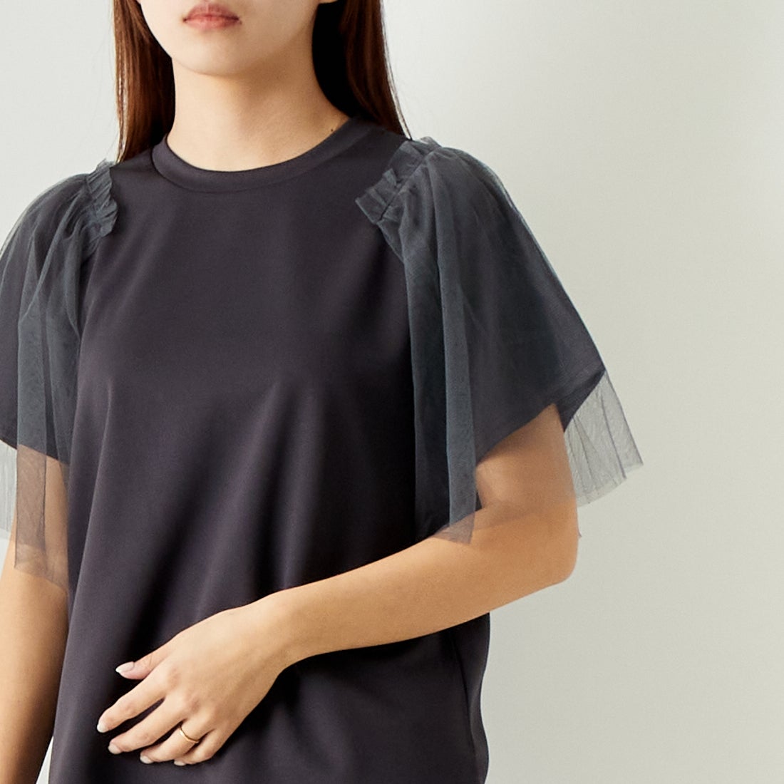 Jf Ready Made [ジェイエフレディメイド] チュールスリーブデザインTシャツ [7124327] ﾁｬｺｰﾙ