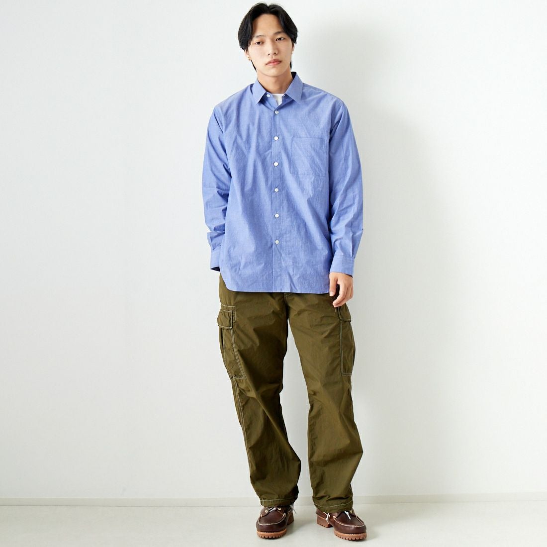 Noir Fabrik [ヌワールファブリック] シャンブレーワッシャーベーシックシャツ [BN0123-401] ﾛｲﾔﾙﾌﾞﾙｰ &&モデル身長：179cm 着用サイズ：M&&