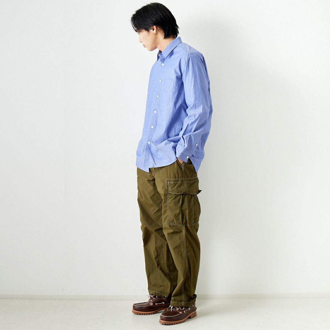 Noir Fabrik [ヌワールファブリック] シャンブレーワッシャーベーシックシャツ [BN0123-401] ﾛｲﾔﾙﾌﾞﾙｰ &&モデル身長：179cm 着用サイズ：M&&